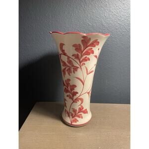 Hand Painted Red Floral Scalloped Rim Vase Crackle Glaze Ceramic